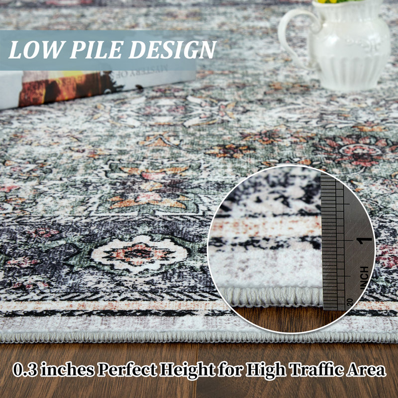 Vintage Washable Area Rug Distressed Floral Non-Slip Carpet Thin Collapsible Traditional Mat for Living Room Bedroom Kitchen Vintage Accent