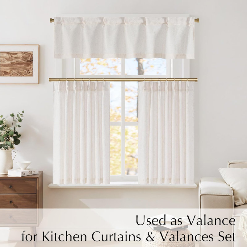  Pinch Pleated Linen Valances for Windows, 2 Panels Set Farmhouse Light Filtering Small Sheer Curtains for Cafe Bar Kitchen Over Sink Christmas Decor