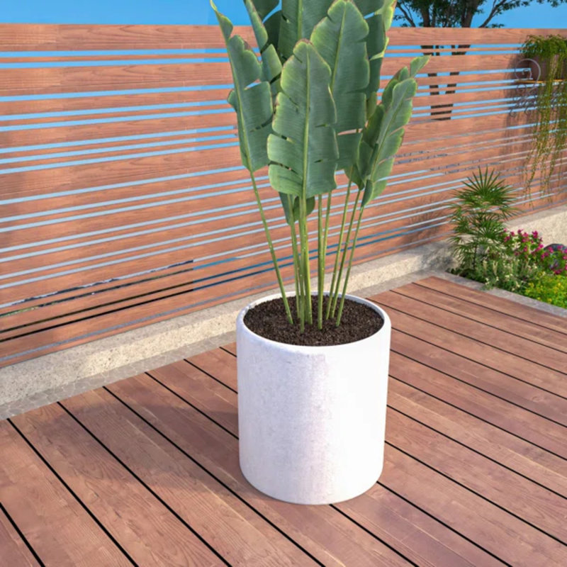 Monforto Modern Fiberstone and Clay Planter - Round Plant Pot with Drainage Holes for Indoor and Outdoor Home , White