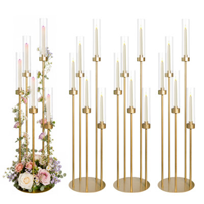 4Pcs  5 Arms Gold Candelabra With Acrylic Lampshade For Birthday Party Home Decoration,Halloween Christmas Centerpieces, Fit Led Taper Candles