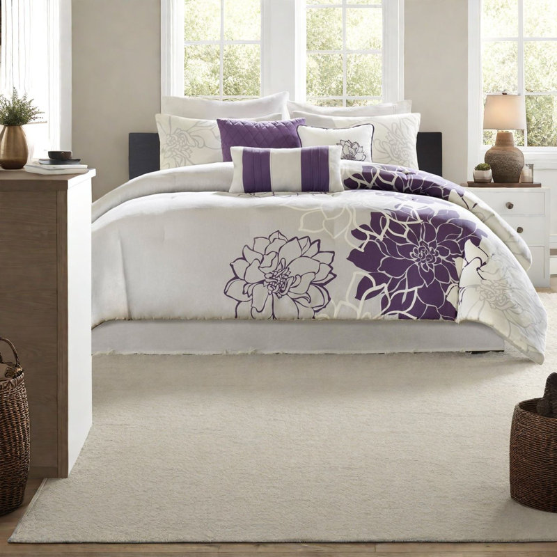 Ensembles de literie à motif floral gracieux, confort en satin de coton, élégance mauve