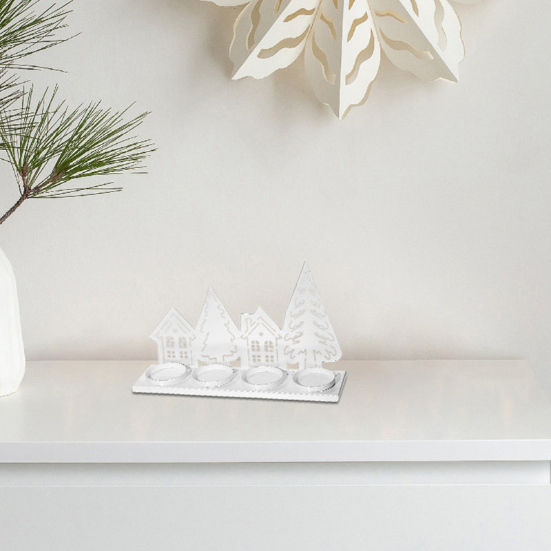 Metal Tree & House With 4 Tealight Holder, White