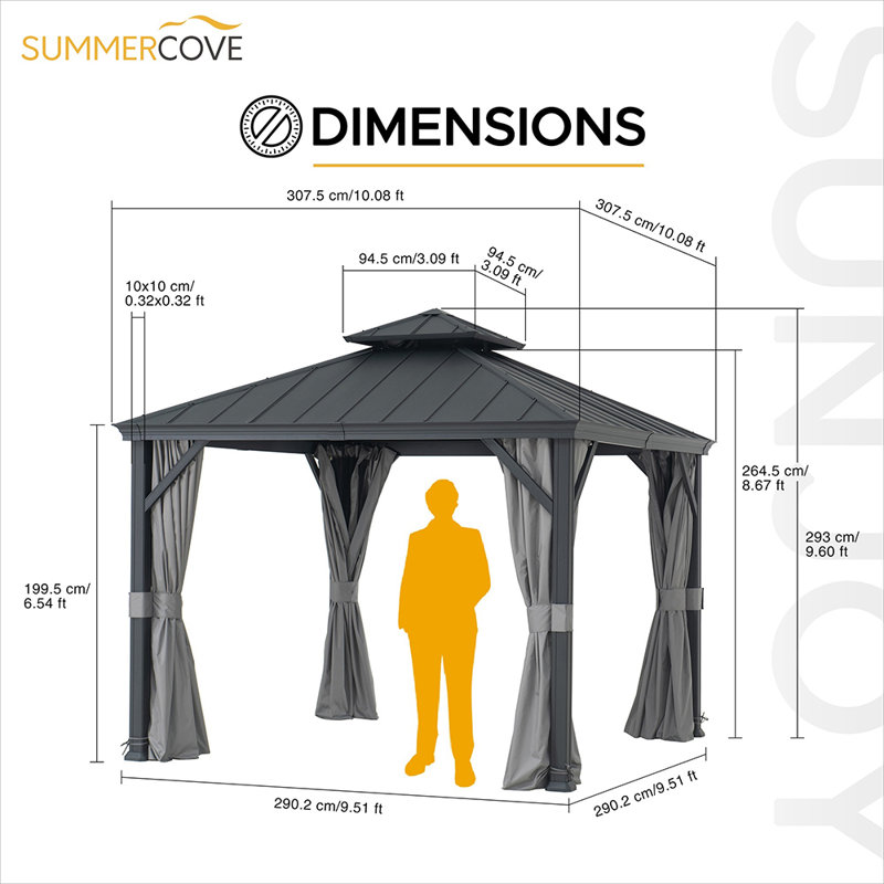 Sunjoy 10 ft. x 10 ft. Black Aluminum Frame Gazebo with Gray Curtains