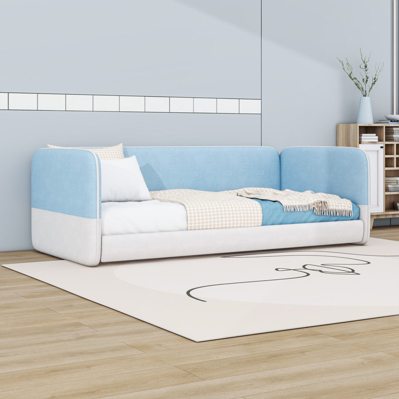 Twin Upholstered Floor Bed with Armrests, Blue