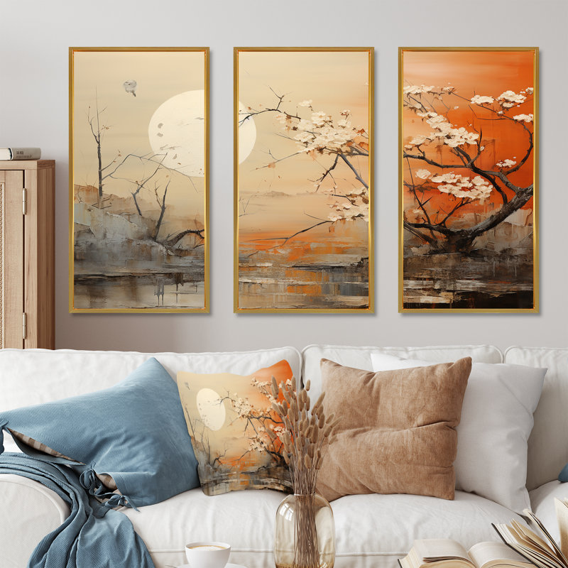 Lune sur tangerine au crépuscule paysage - ensemble de salon d'art mural chinois, Cadre flottant doré