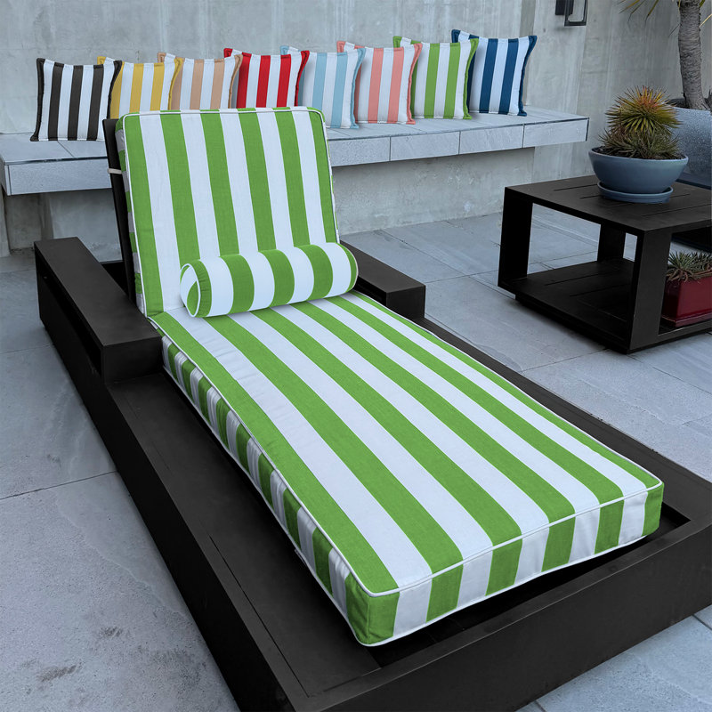 Sherry Kine's "Designer's Choice" Reversible Cabana Stripe Luxury Outdoor Chaise Lounge Replacement Cushion, With Customized Cut, Contrast Cord, Water & Fade Resistant Fabric, Filled With: Thermal Bonded 100% White Polyester Fiber.