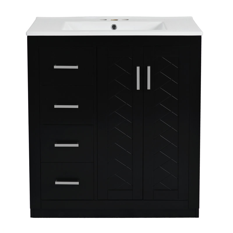 Ensemble de meuble-lavabo 60 po avec lavabo en céramique, armoire de rangement en bois massif, ensemble de meuble-lavabo autoportant avec 3 tiroirs et portes à fermeture douce