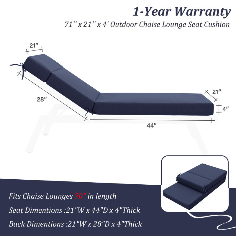 Outdoor Chaise Lounge Chair Cushion,72"X21"X4", 1, Navy Blue
