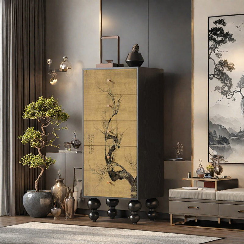 Armoire décorative en bois à cinq tiroirs, Noir/chêne