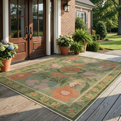 Washable American Countryside Floral 8X10 Green Outdoor Rug, Non Slip Quick-Dry Mesh Rug for Patio Deck Backyard
