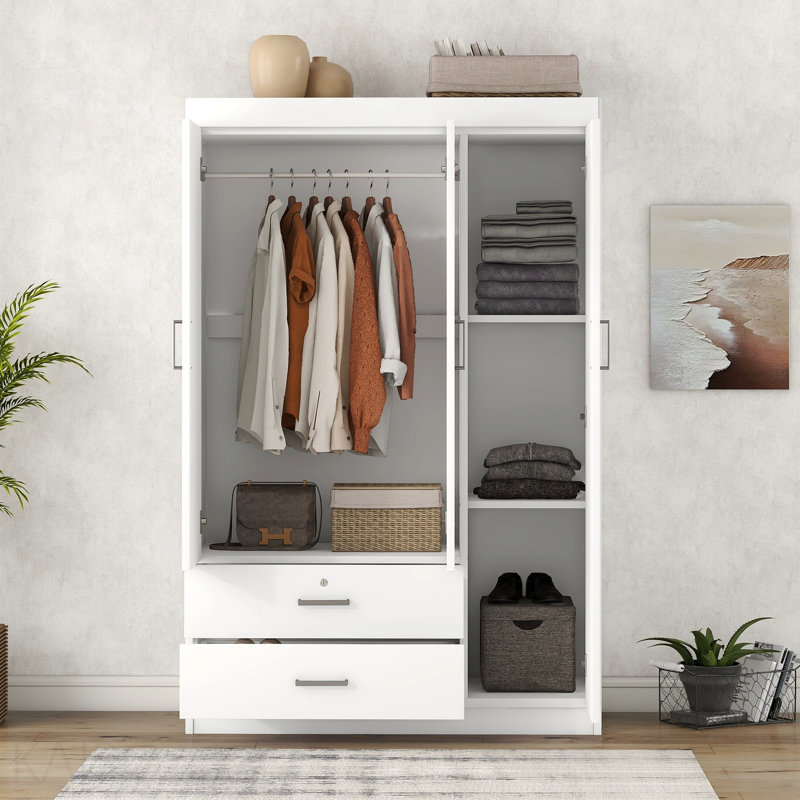 Armoire 3 portes avec 2 tiroirs, blanc, Blanc