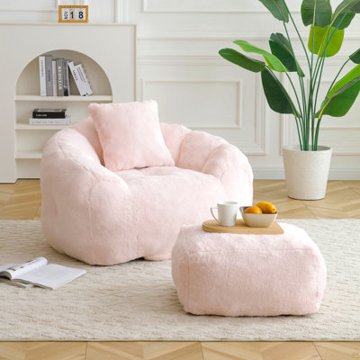 Giant Bean Bag Chair Withfootstool, Oversized Bean Bag  For Adults And Kids, Faux Fur Shell-Shaped Large Chair With Filler, Stuffed Big Accent Sofa,  Floor Sofa For Gaming,Reading Living Room Bedroom