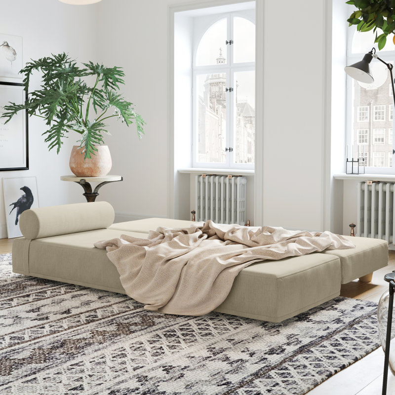  Kaylena Convertible Daybed - Fold Out Sleeper with Queen Size Memory Foam Mattress & Pillows, Ivory