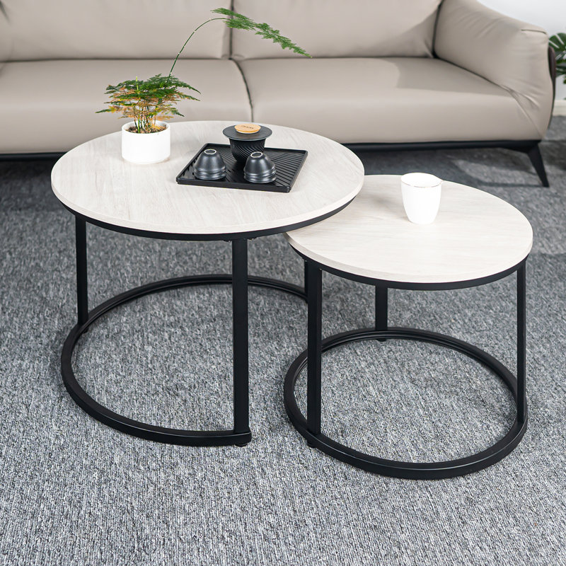 2in1 Round Coffee Table Set Modern Nesting Style End Table, Light Grey