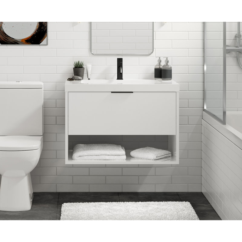 Modo 42" W Wall Mounted Single Bathroom Vanity, Matte Black, Gloss White/Single, White Acrylic