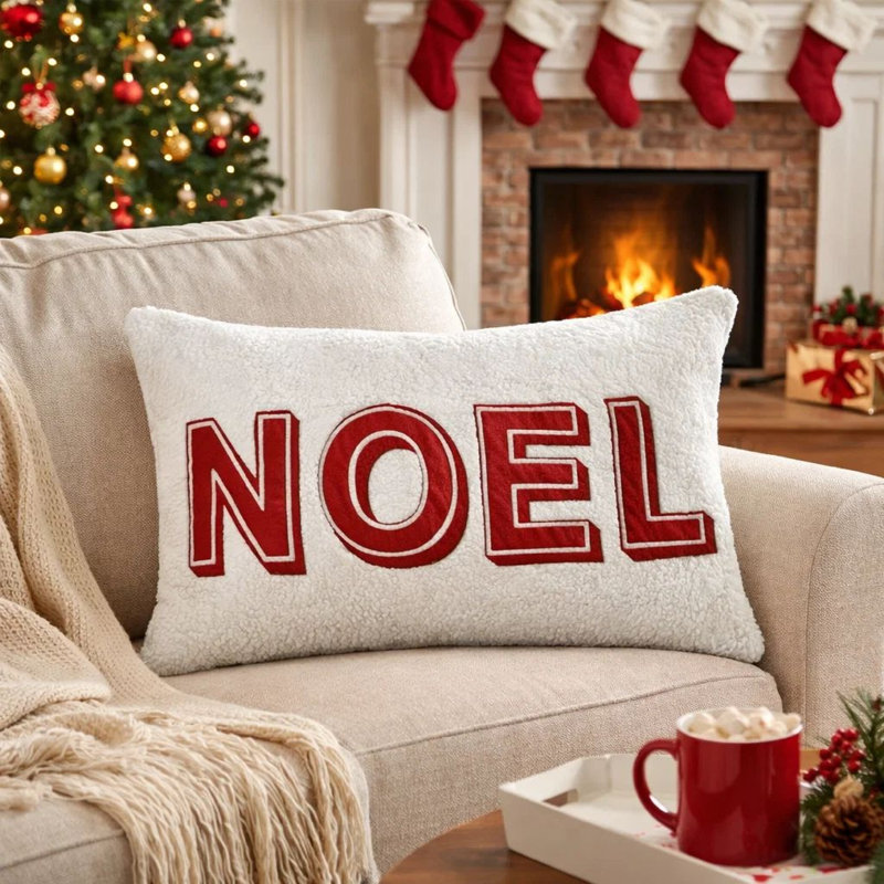 Housse de coussin Holiday Holiday, Sherpa rouge et blanc texturé NOEL, lombaire 14 x 20