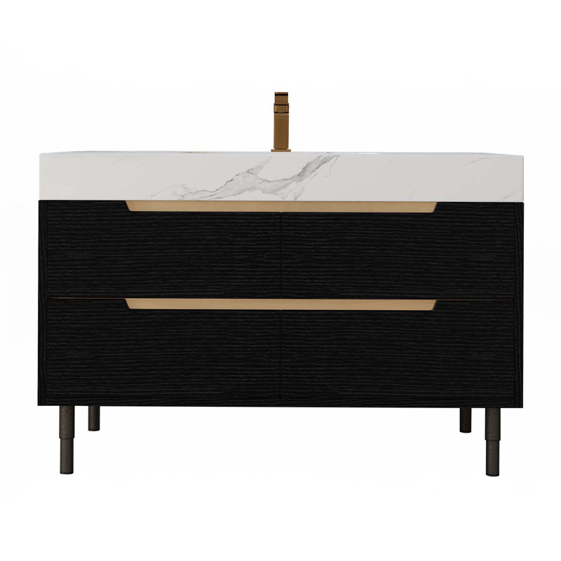 Meuble-lavabo autoportant en pierre frittée de 35,4 po avec lavabo encastré, bois massif multicouche imperméable, rangement à 4 tiroirs, fixation murale