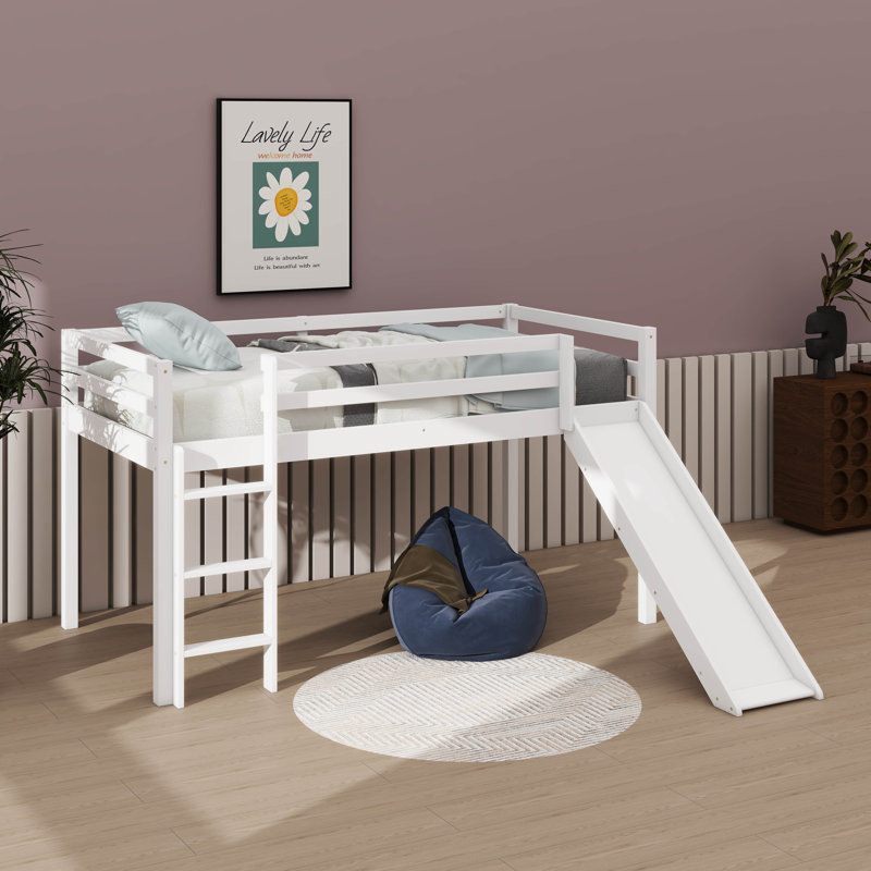 Twin Elevated Bed With Ladder And Slide Loft Design Including Safety Guardrails, White