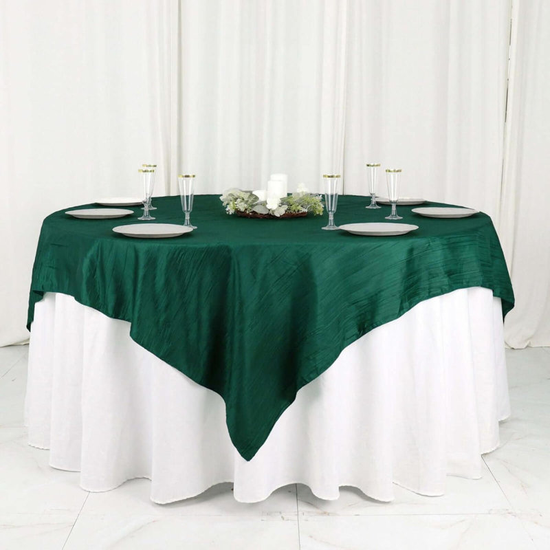 72"X72" Accordion Crinkle Taffeta Table Overlay, Square Tablecloth Topper, Green