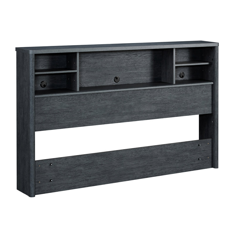 Grande tête de lit bibliothèque avec design brun denim, rangement pour garder la chambre bien rangée, compartiments pour le rangement nécessaire, convient aux cadres de lit et de lit double, finition grise de style complémentaire, réglable