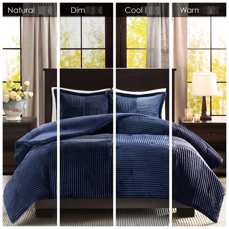 Navy Blue Comforter For Full/queen Bed - , Ribbed Top, Solid Bottom, Machine Washable, With 1 And 2 Shams Navy, Content, Exterior, Reverse, Includes