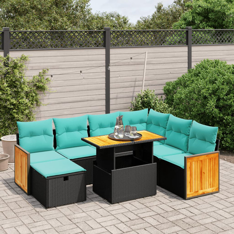  Ensemble de canapé de patio 8 pièces avec coussins en rotin de polyester, Noir, Vert