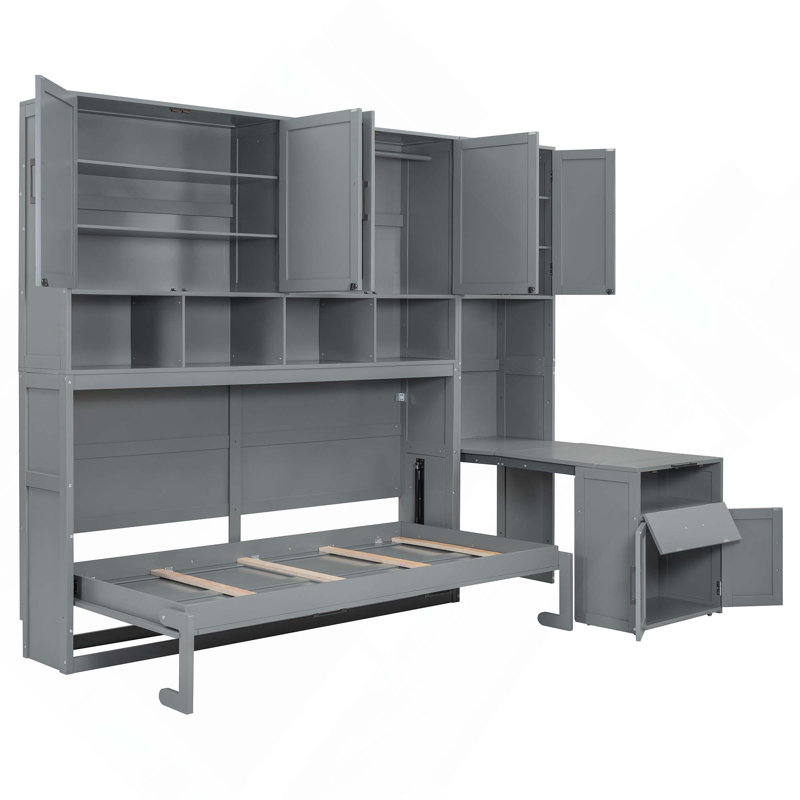 Lit escamotable mural simple avec placard, tiroirs et bureau - gris, Gris