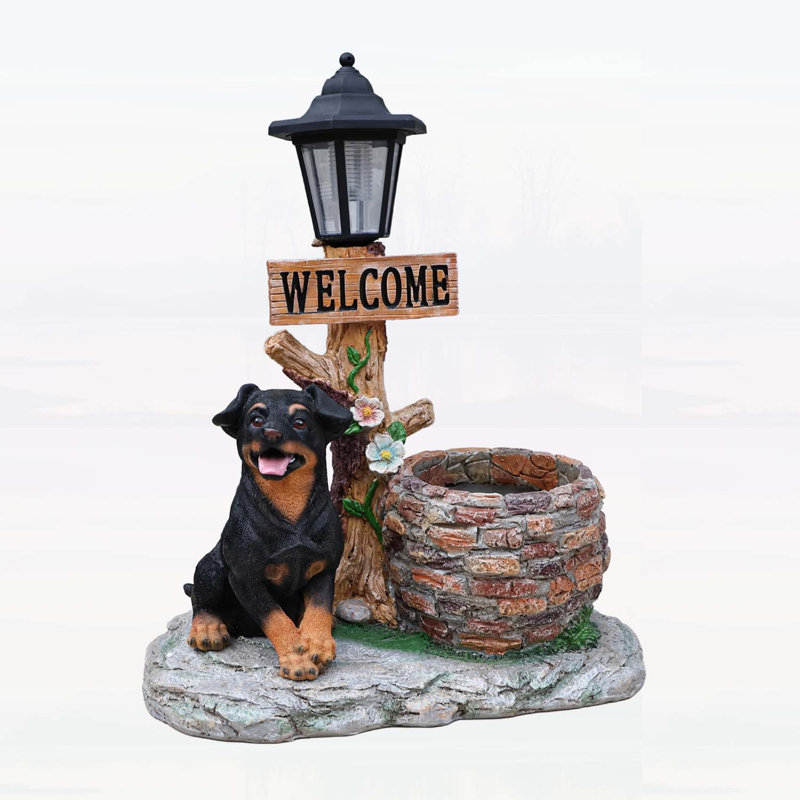 Puppy Dog Solar Planter Outdoor Statue with LED Light, Eco-Friendly and Adorable Garden Decor