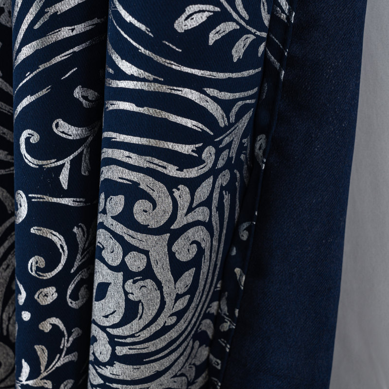 Helena Foil Print Room Darkening Window Curtain, Navy Blue