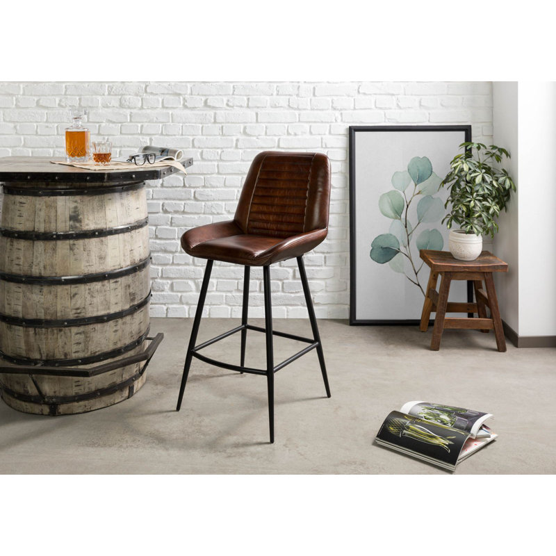 Iron Label Upholstered Counter Stool with Metal Frame, Brown