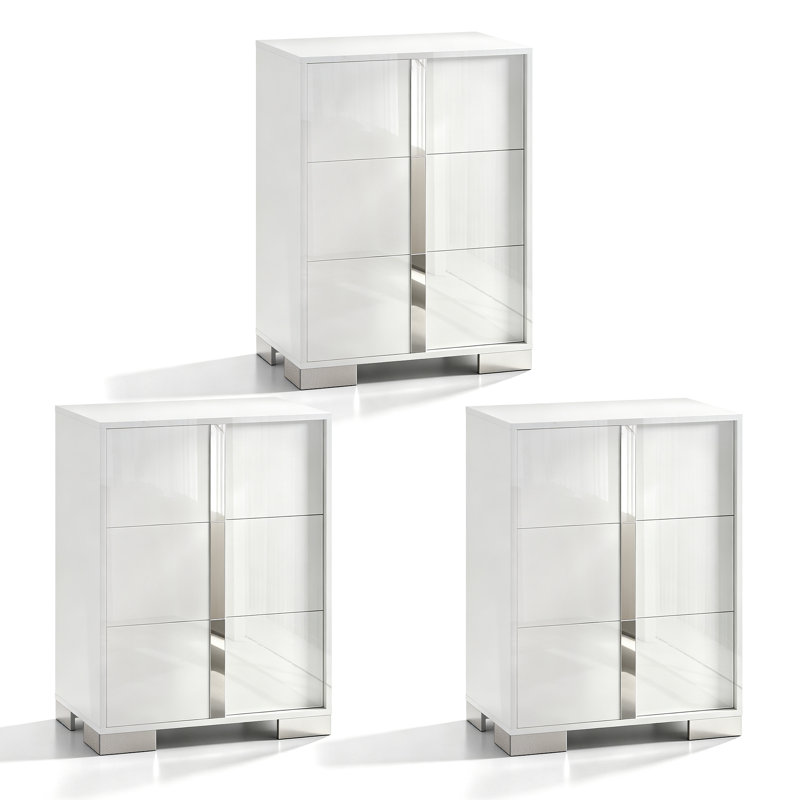 80 cm H Modern 3-Drawer Chest with Mirror-Finish Electroplated Bar Handles, White