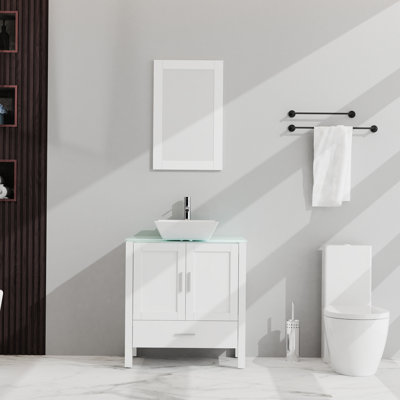 Ensemble de meuble-lavabo simple 30 po avec plateau en verre et miroir Tausha