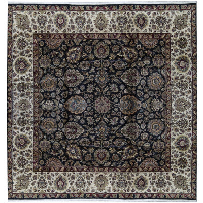 Tapis carré noir, rouge et vert noué à la main de haute qualité