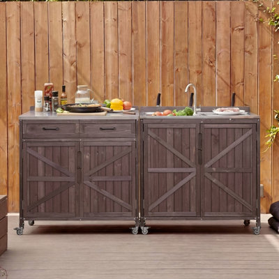 Série d'îlot de cuisine pour l'extérieur - Ensemble modulaire en bois massif 2 pièces, station d'évier en acier inoxydable 304 avec robinet, tiroir, 2 tablettes de porte, armoire de rangement extérieure avec roues pour la cour arrière, patio