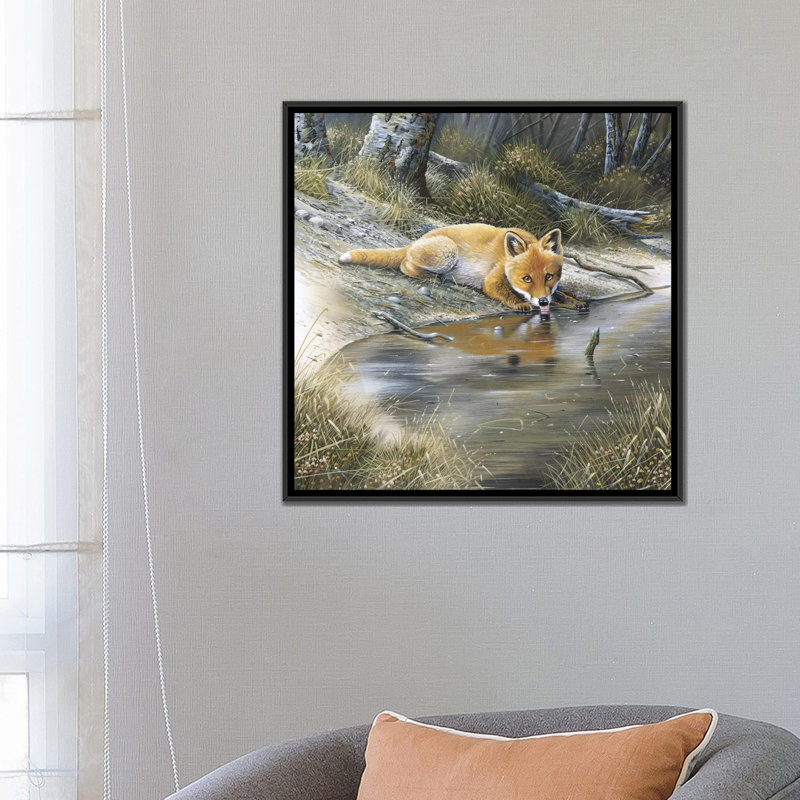 «A Fox Dr potable Water», impression sur toile, H 18 po x l 18 po x P 1,5 po, Toile avec cadre noir, Pas de tapis