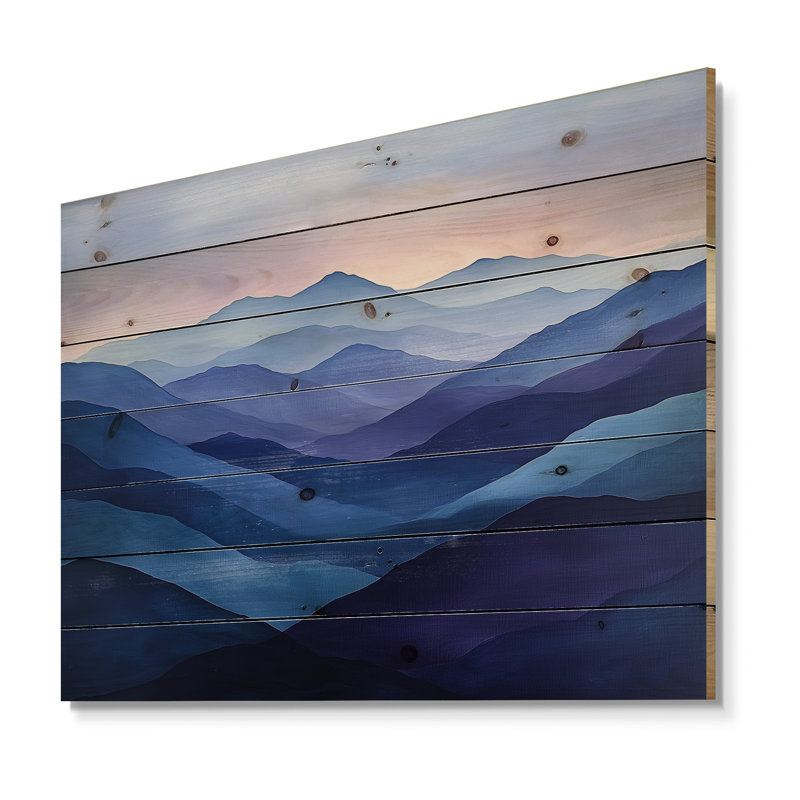 Lavande, montagne, crêtes au crépuscule II, paysage de montagnes, art mural sur bois de pin naturel