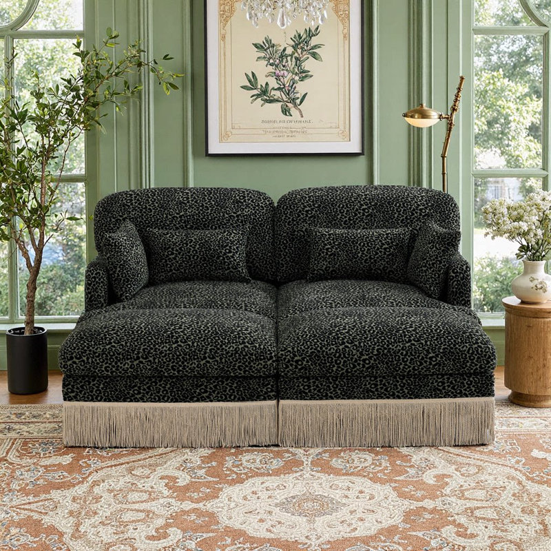 Canapé moderne en chenille à imprimé léopard avec repose-pieds mobile, assise profonde et conception ergonomique, Vert