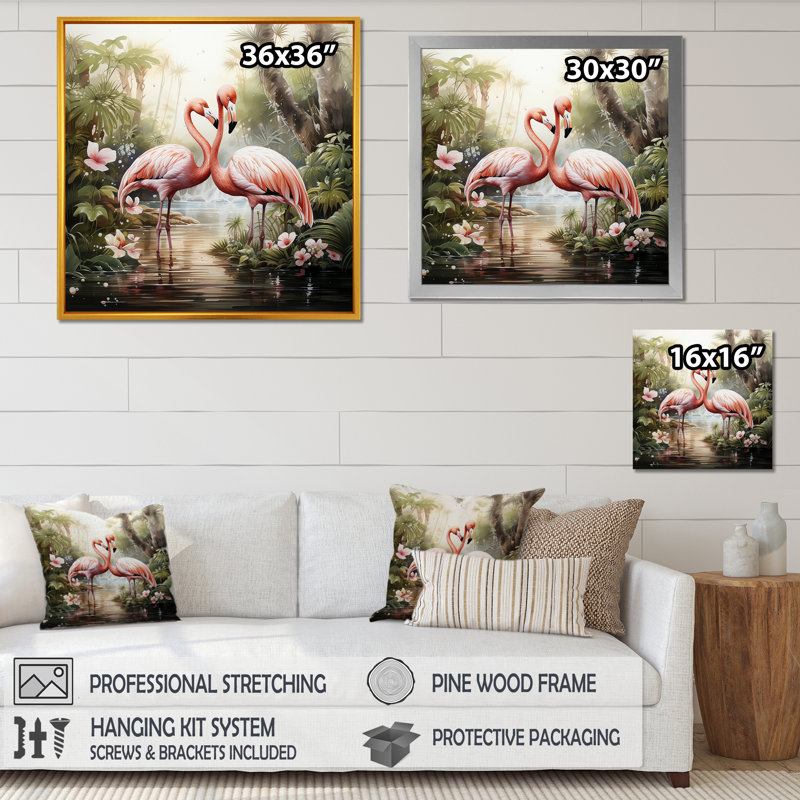 «Tropical Love», art mural flamants roses, Cadre photo noir, H 30 po x l 30 po x P 1,5 po