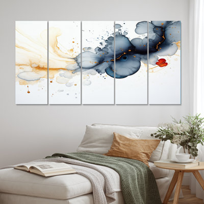 Encre dorée abstraite "Suite of Distant Moods" - salon abstrait d'art mural - 5 panneaux égaux