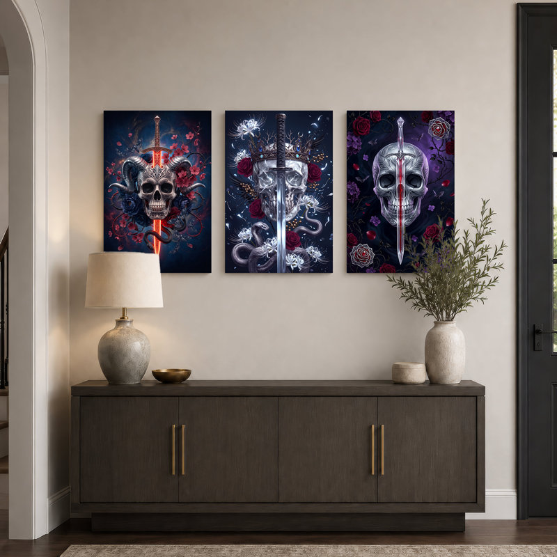 Ensemble de 3 toiles murales sur toile représentant des crânes de dark fantasy avec des épées et du rouge pour l'Halloween
