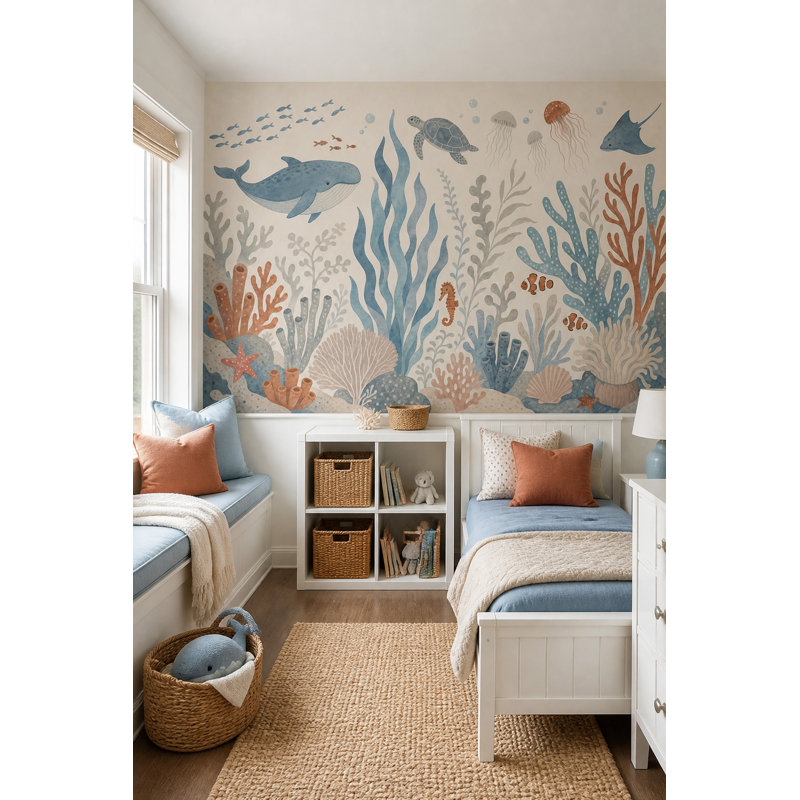Murale de baleines sous-marines, 140 po x 108 po, Peler et coller