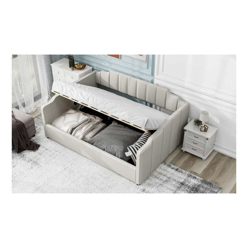Lit de jour rembourré avec rangement inférieur, taille double, beige, Beige, Complet/Double
