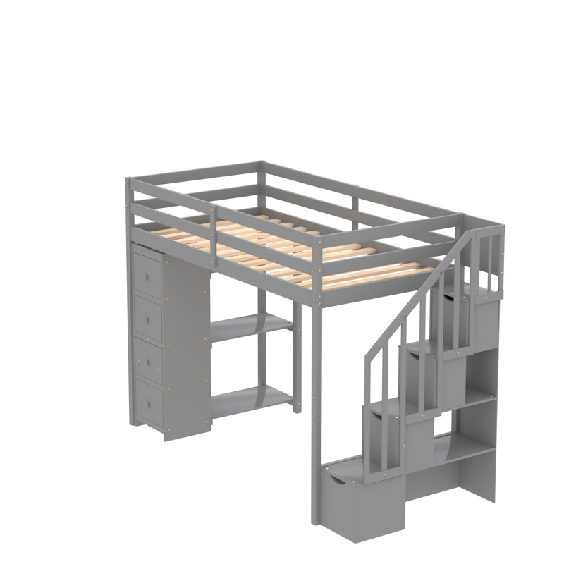 Gerld Twin Loft Bed with Built-In Stairs, Gray