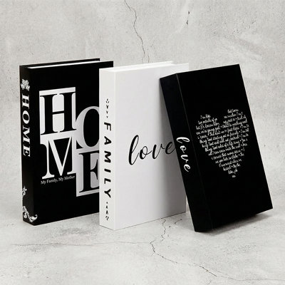 Faux livres de table basse, ensemble de 3 décorations en noir et blanc Home Family Love pour salons, bureaux, hôtels et mariages