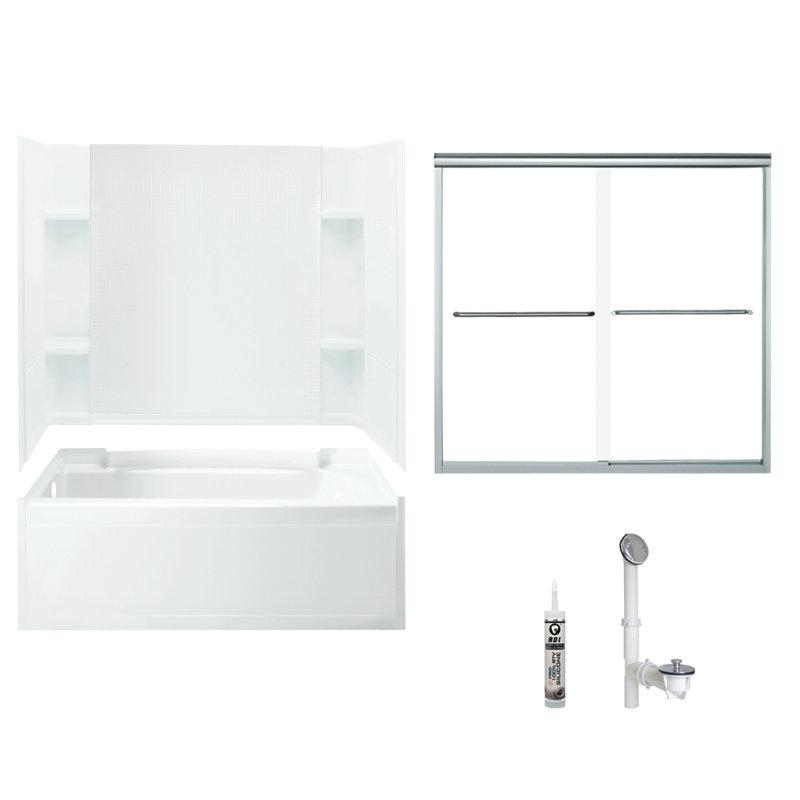 Ensemble de baignoire et douche rectangulaire sans cadre avec porte-serviettes et base 60 po x l 74,25 po, Argent