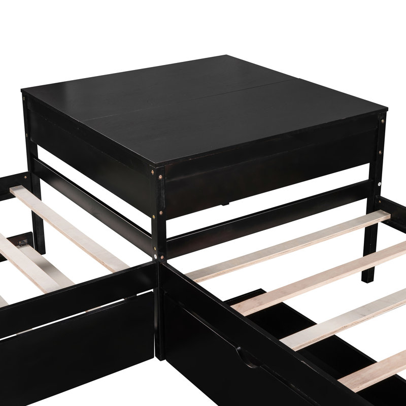 Lit plateforme simple en L avec lit gigogne et tiroirs dans un riche espace de rangement fonctionnel, Espresso