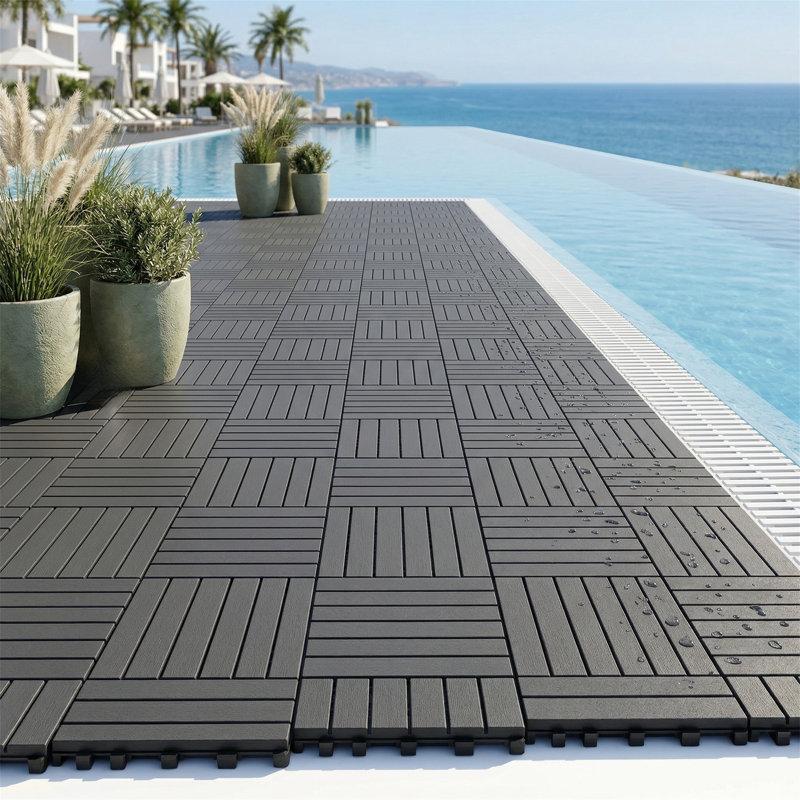 24 pièces de carrelage de sol extérieur à emboîtement gris foncé bricolage - Installation par encliquetage sans outil, PP résistant aux intempéries, drainage du fond creux, bande mate antidérapante