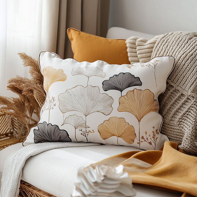 Simple Black Gold Ginkgo Leaf Embroidered Pillow