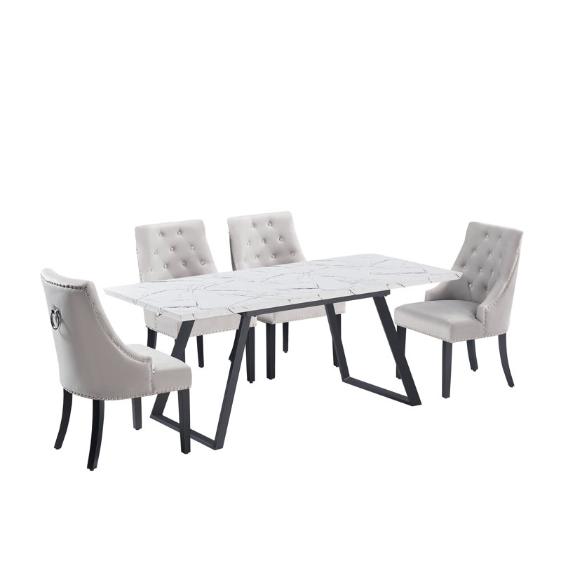 Rosamond 4 Person Dining set - a Rectangular Wooden Dining Table with Metal Legs and a Set of 4 Quilted Ring Knocker Velvet Dining Chairs for Dining Room - Modern Dining Table Set