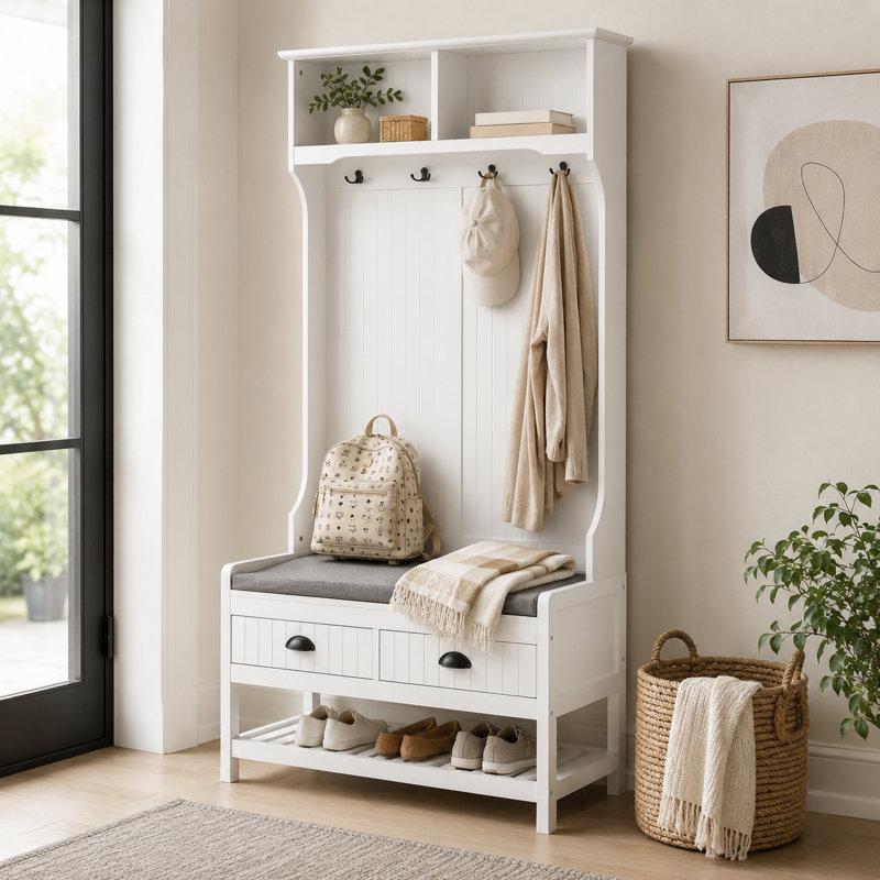 Banc d'arbre d'entrée 67,38 pouces 3 en 1 blanc pour vestibule - Combine un portemanteau, un porte-chaussures et un siège rembourré; Comprend 2 tiroirs et 4 crochets